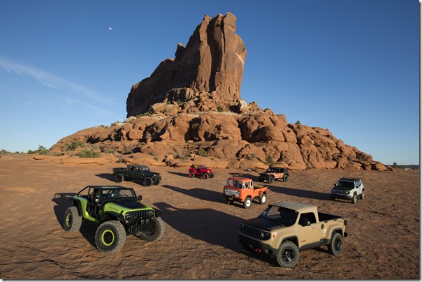 2016 Moab Easter Jeep® Safari concepts (from left to right): Jeep® Trailcat Concept, Jeep® Crew Chief 715 Concept, Jeep® Shortcut Concept, Jeep® FC 150 Heritage Vehicle, Jeep® Trailstorm Concept, Jeep® Comanche Concept, Jeep® Renegade Commander Concept.
